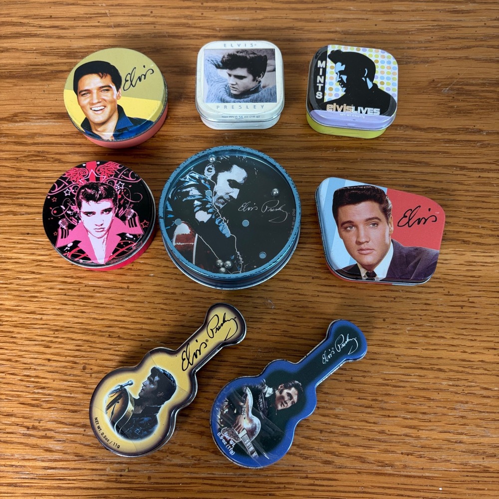 Elvis Presley Collectible Tin Lot of 8 Vandor Guitar Round Square